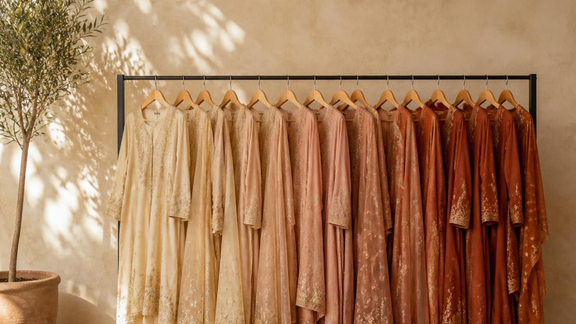 A rail of pre-loved South Asian and Muslim occasion wear in cream, blush and terracotta